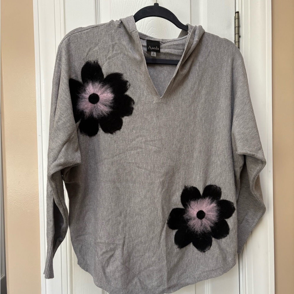 Gray Hoodie with Black and Pink Floral Design